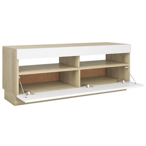 Tv-bord med LED-lys 100x35x40 cm hvid og sonoma-eg