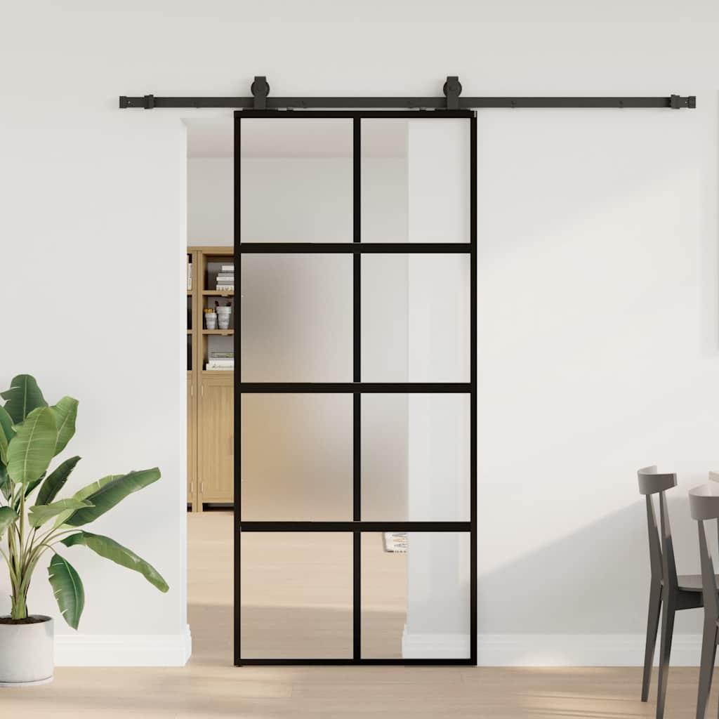 Skydedør 90×205 cm i sort aluminium med hærdet glas billede