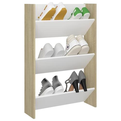 Væghængt skoskab 60x18x90 cm spånplade hvid og sonoma-eg