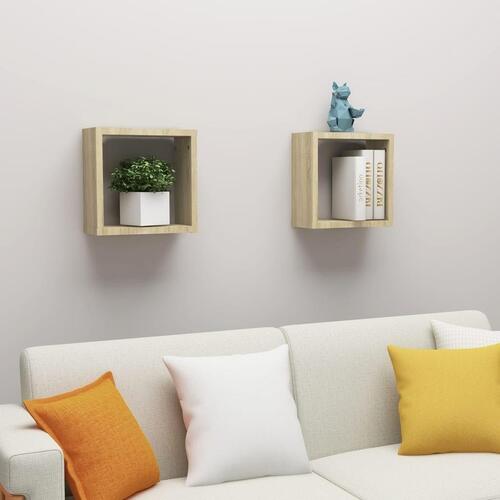 Væghylder 2 stk. 30x15x30 cm kubeformet sonoma-eg