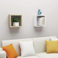 Væghylder 2 stk. 30x15x30 cm kubeformet hvid og sonoma-eg