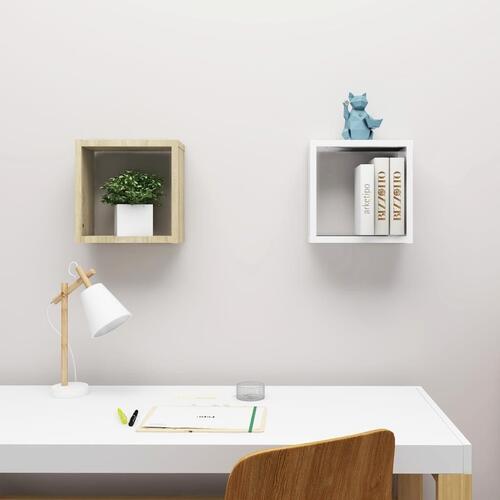 Væghylder 2 stk. 30x15x30 cm kubeformet hvid og sonoma-eg