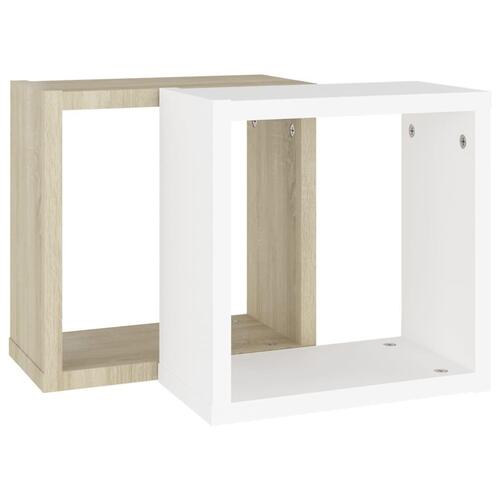 Væghylder 2 stk. 30x15x30 cm kubeformet hvid og sonoma-eg