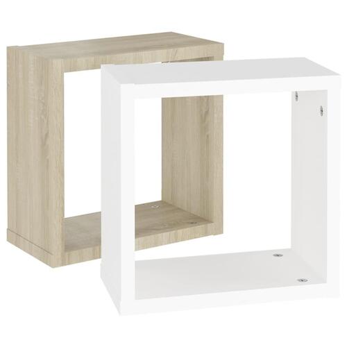 Væghylder 2 stk. 30x15x30 cm kubeformet hvid og sonoma-eg