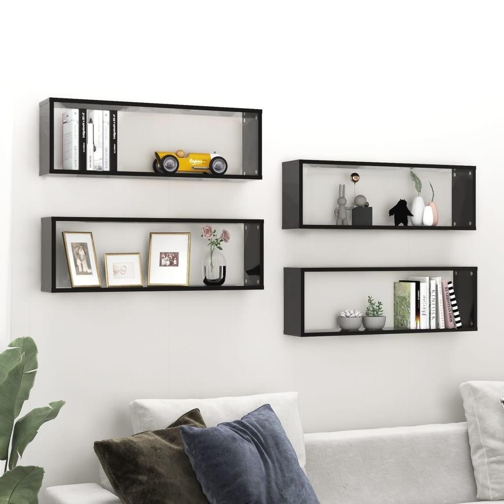 Væghylder 4 stk. 80x15x26,5 cm kubeformet konstrueret træ sort