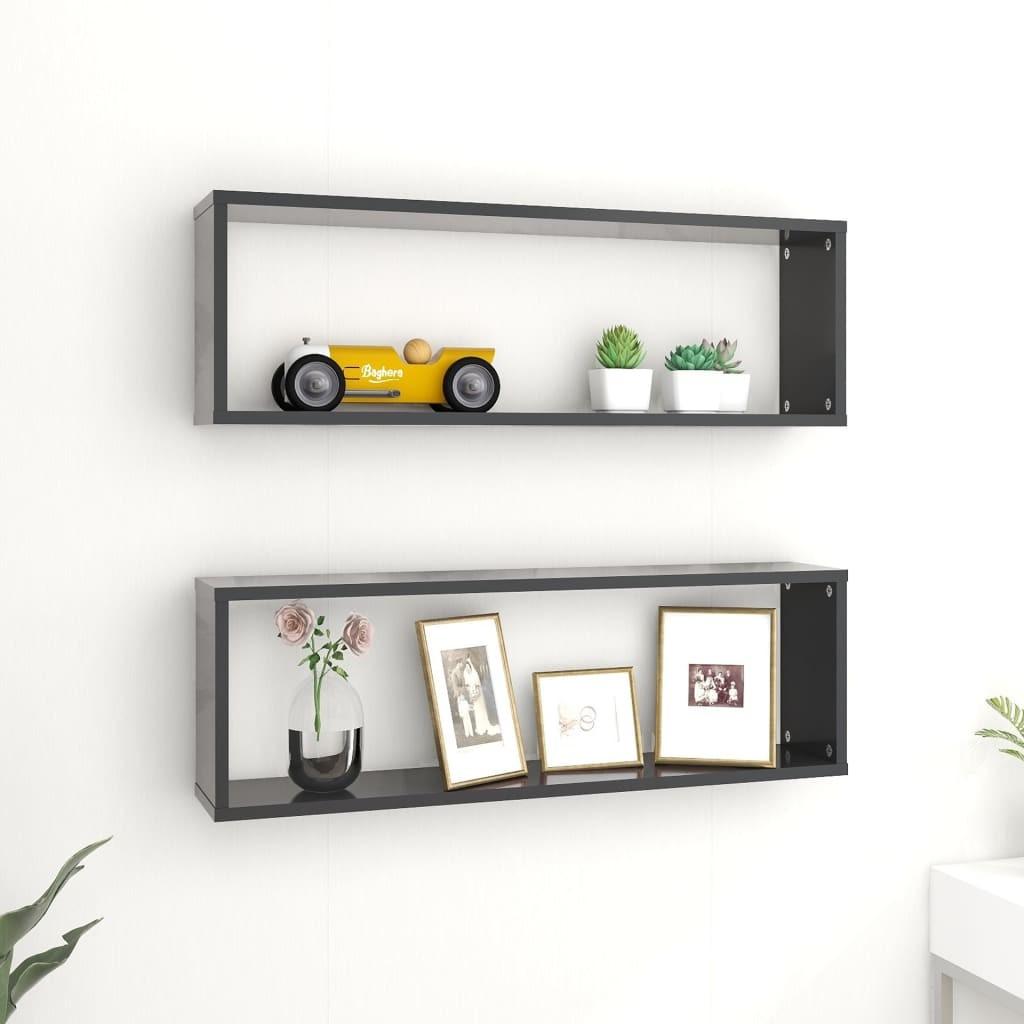 Væghylder 2 stk. 80x15x26,5 cm kubeformet konstrueret træ grå