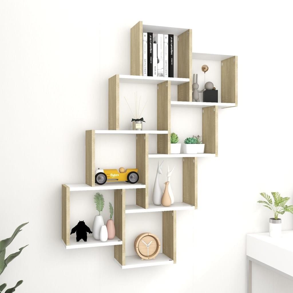 Væghylde 90x15x119 cm kubeformet spånplade hvid og sonoma-eg