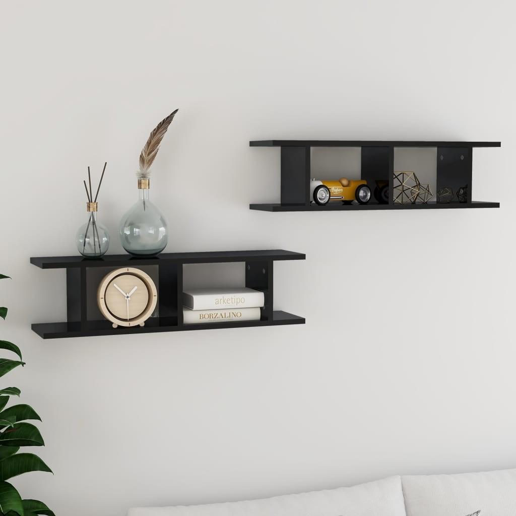 Væghylder 2 stk. 78x18x20 cm konstrueret træ sort højglans