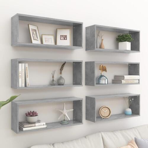 Væghylder 6 stk. 60x15x23cm kubeformet konstrueret træ betongrå