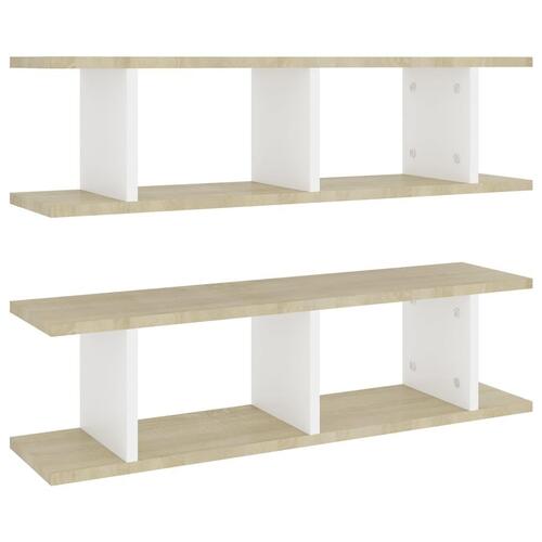 Væghylder 2 stk. 75x18x20 cm konstrueret træ hvid og sonoma-eg