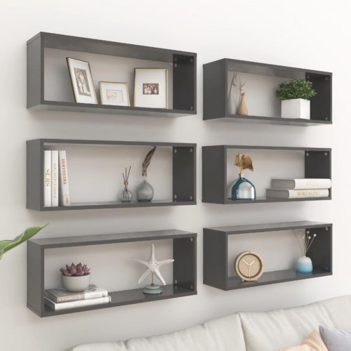 Væghylder 6 stk. 60x15x23 cm kubeformet konstrueret træ grå