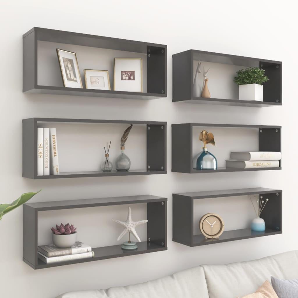 Væghylder 6 stk. 60x15x23 cm kubeformet konstrueret træ grå