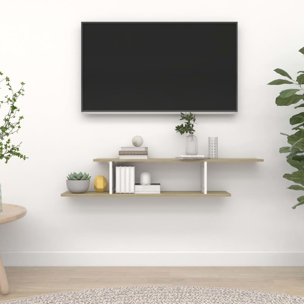 Væghængt tv-hylde 125x18x23 cm konstrueret træ hvid sonoma-eg