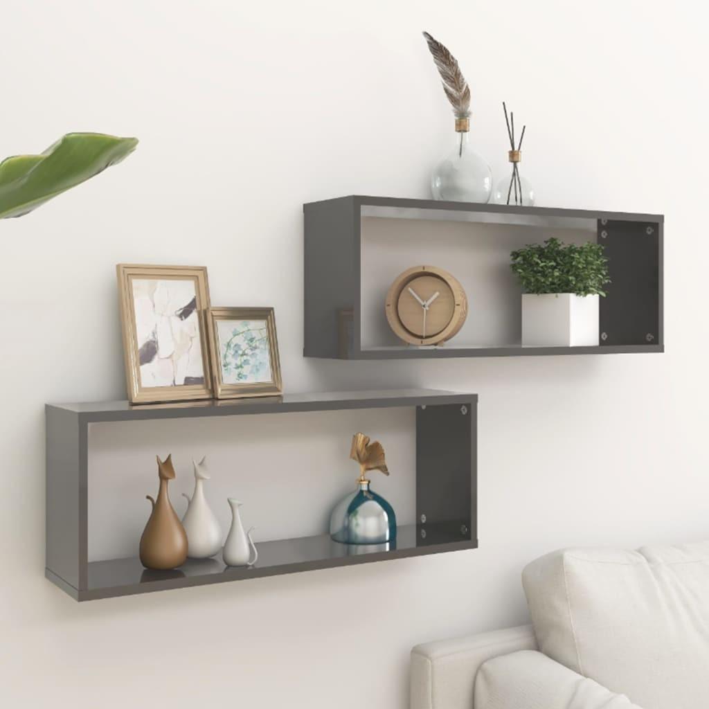 Væghylder 2 stk. 60x15x23 cm kubeformet grå højglans