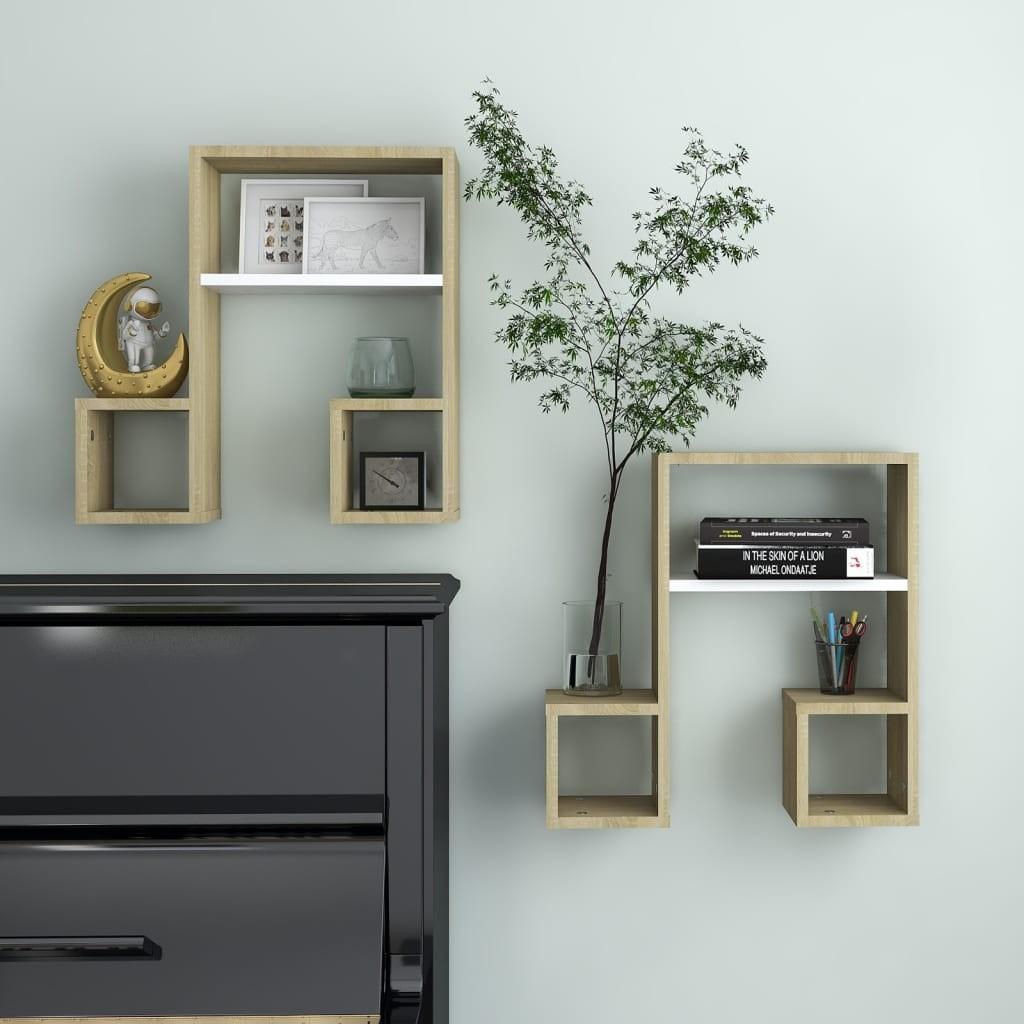 Væghylder 2 stk. 50x15x50 cm spånplade hvid og sonoma-eg