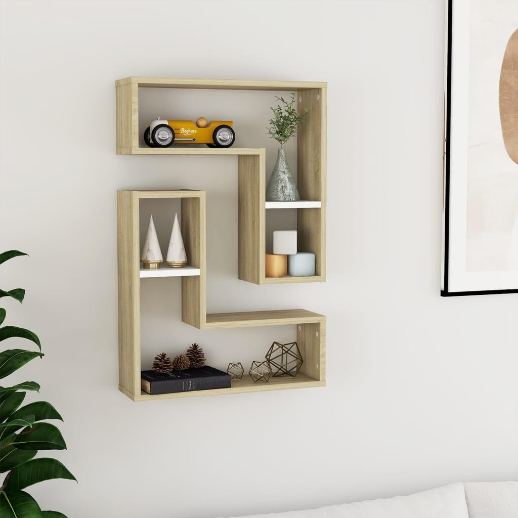 Væghylder 2 stk. 50x15x50 cm spånplade hvid og sonoma-eg