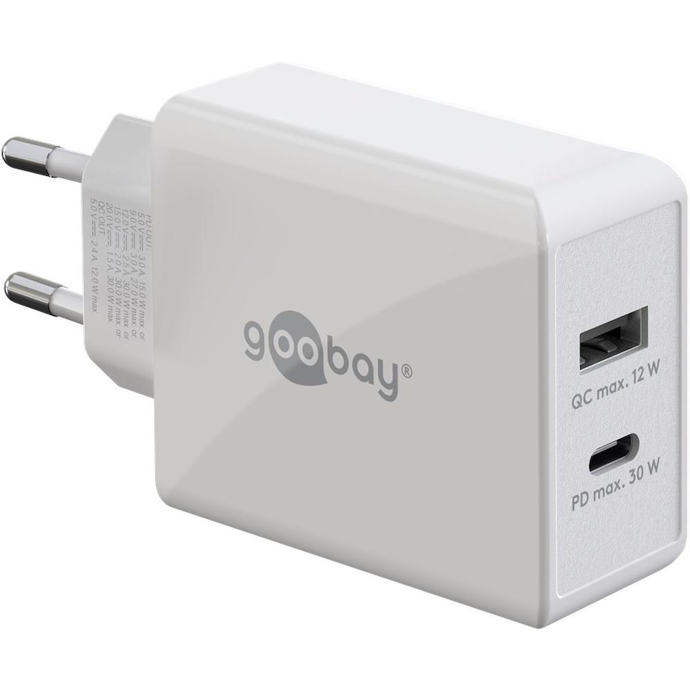 Oplader med USB-C PD 30 W og USB-A QC - Goobay (hvid) billede