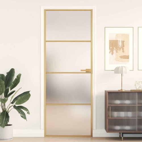 Indvendig glasdør 76 × 201,5 cm - hærdet, mat glas og guldfarvet aluminiumsramme