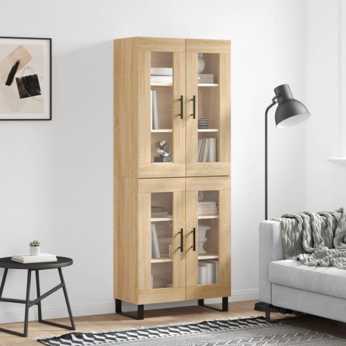 Højskab med glaslåger 69,5×34×180 cm - konstrueret træ i sonoma-eg