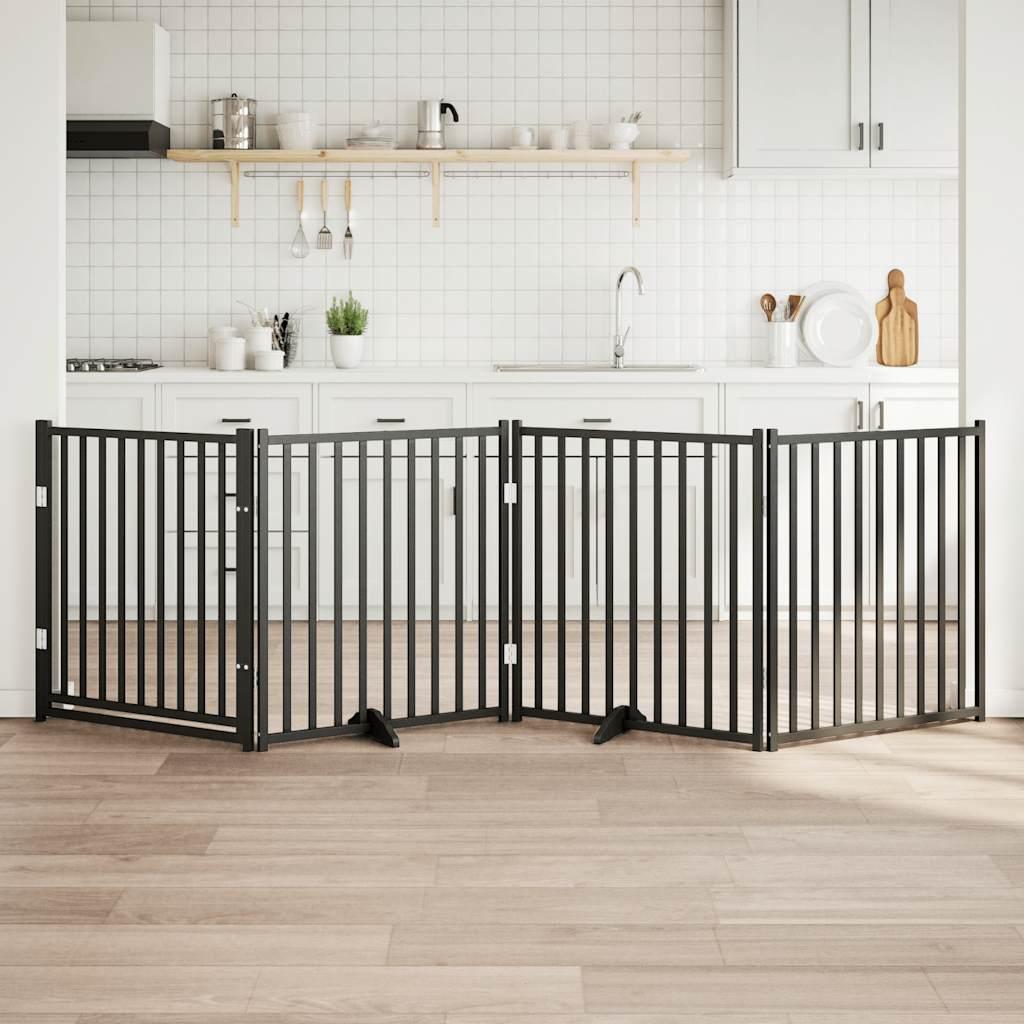 Hundelåge m. dør 4 paneler 320 cm foldbar massivt gran sort