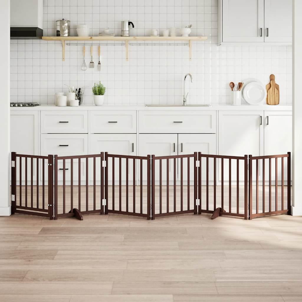 Hundelåge m. dør 6 paneler 300 cm foldbar massivt gran brunt eg