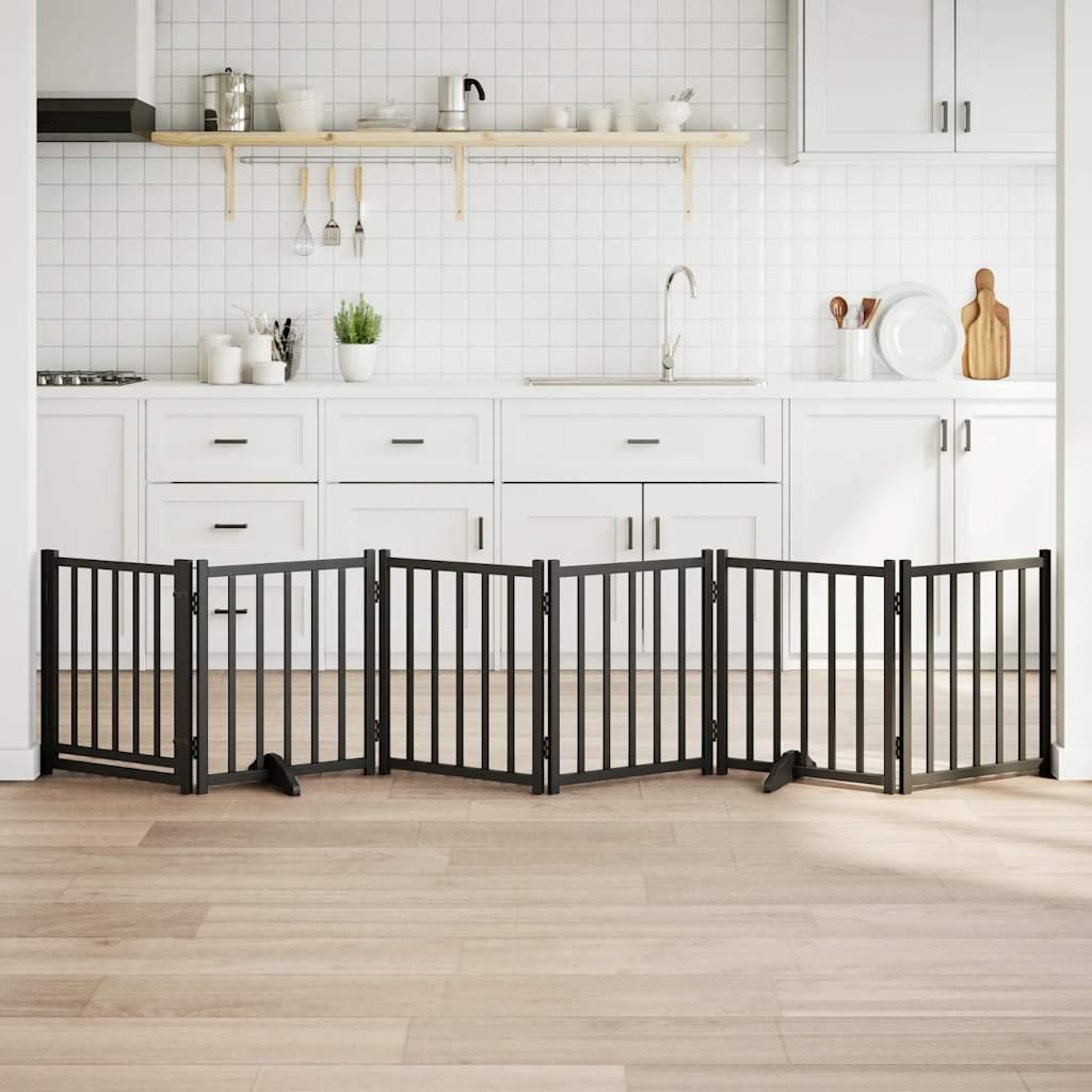 Hundelåge m. dør 6 paneler 300 cm foldbar massivt gran sort