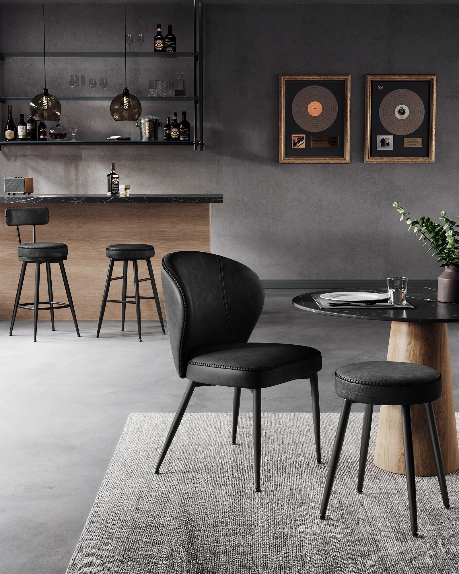 Barstole 2-pak – VASAGLE EKHO, 360° drej, ryglæn, kunstlæder, mid-century, 65 cm sædehøjde, ink sort