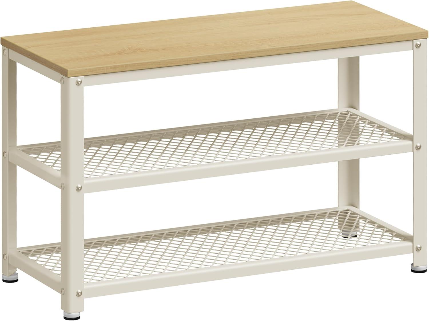 Skobænk med 2 hylder – VASAGLE, stål/eg, 30 × 73 × 45 cm, klassisk hvid