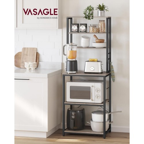 Køkkenreol fritstående mikrobølgeovnshylde, 6 hylder, 6 kroge, stålramme, industrielt design, 40 × 60 × 167 cm, greige/sort