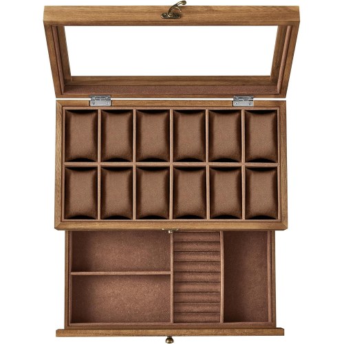Urkasse med glaslåg watch box i træ, 12 rum, 2 etager, rustik valnød