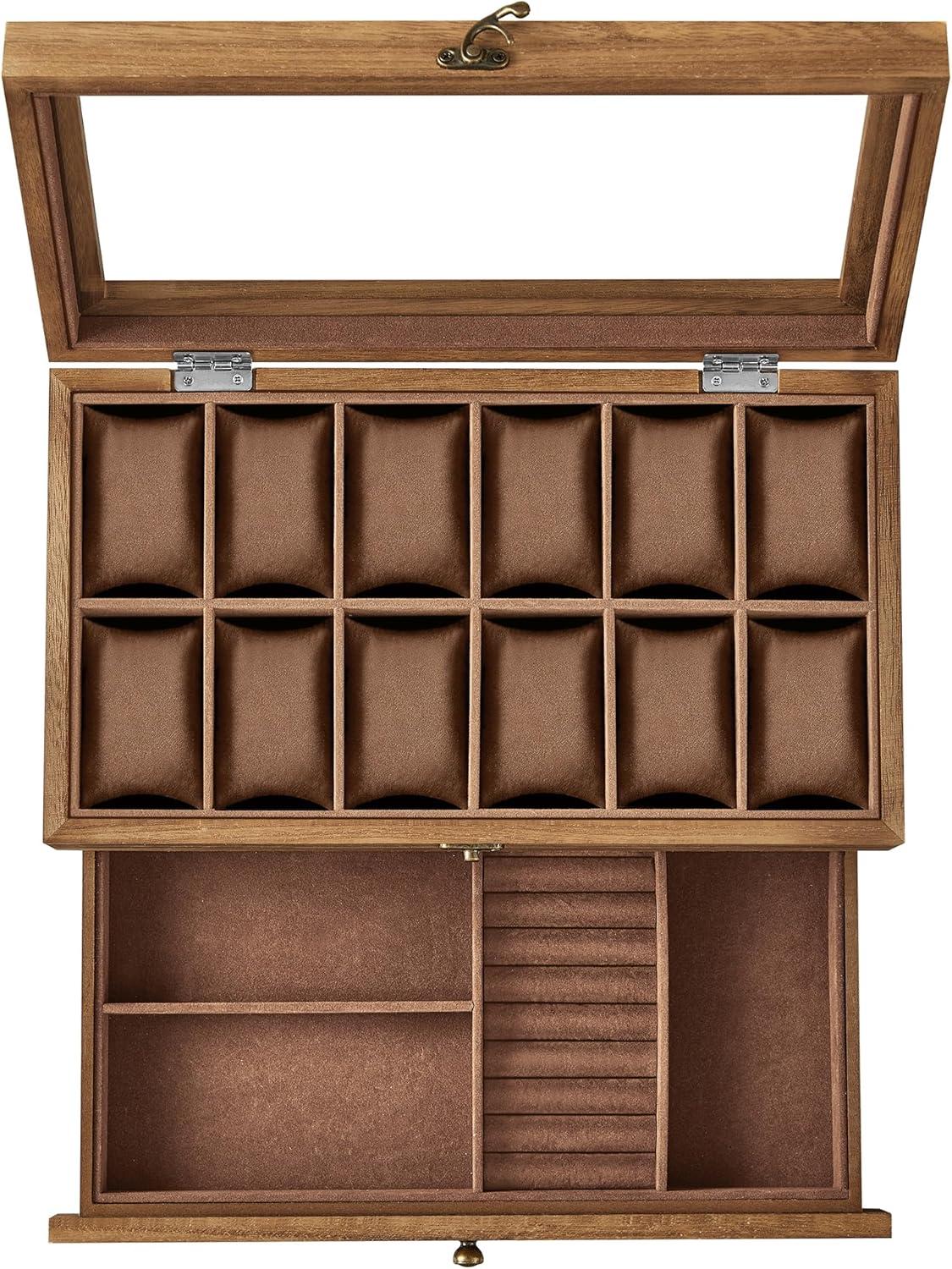 Urkasse med glaslåg – SONGMICS watch box i træ, 12 rum, 2 etager, rustik valnød