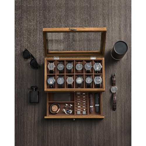Urkasse med glaslåg watch box i træ, 12 rum, 2 etager, rustik valnød