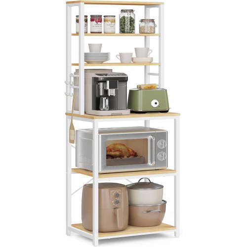 Køkkenreol med 6 hylder og 6 kroge kaffe- og mikrobølgeovnstation, stålramme, justerbar hylde, 40 × 60 × 167 cm, eg/hvid (KKS024W09)