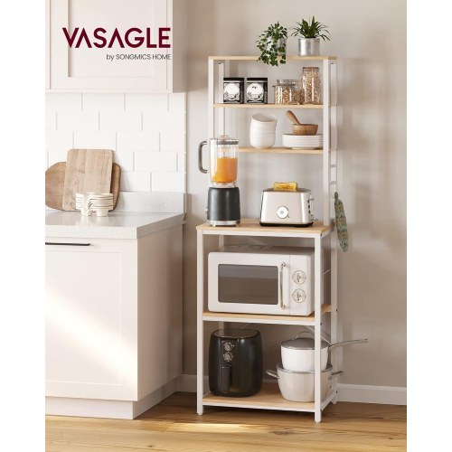 Køkkenreol med 6 hylder og 6 kroge kaffe- og mikrobølgeovnstation, stålramme, justerbar hylde, 40 × 60 × 167 cm, eg/hvid (KKS024W09)