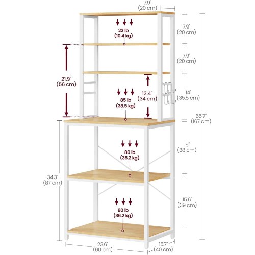 Køkkenreol med 6 hylder og 6 kroge kaffe- og mikrobølgeovnstation, stålramme, justerbar hylde, 40 × 60 × 167 cm, eg/hvid (KKS024W09)