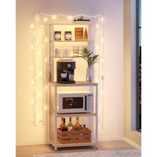 Køkkenreol med 6 hylder og 6 kroge kaffe- og mikrobølgeovnstation, stålramme, justerbar hylde, 40 × 60 × 167 cm, eg/hvid (KKS024W09)
