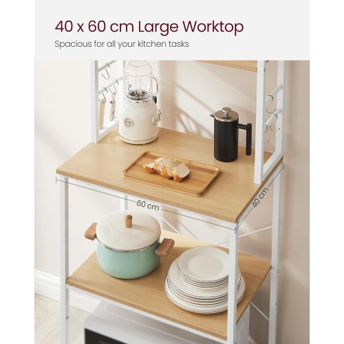 Køkkenreol med 6 hylder og 6 kroge kaffe- og mikrobølgeovnstation, stålramme, justerbar hylde, 40 × 60 × 167 cm, eg/hvid (KKS024W09)