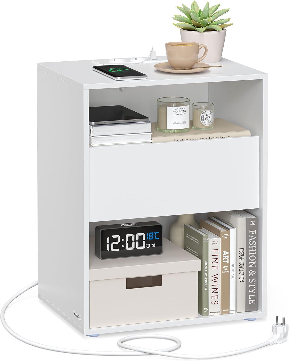 Sengebord med stikdåse mat hvid, skuffe og åbne rum, værktøjsfri montering
