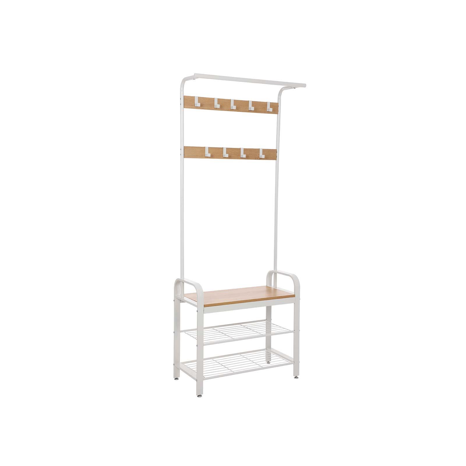 Tøjstativ med bænk og skohylder 4-i-1, 72 × 33,7 × 183 cm, eg/creme, 9 aftagelige kroge og bøjlestang billede