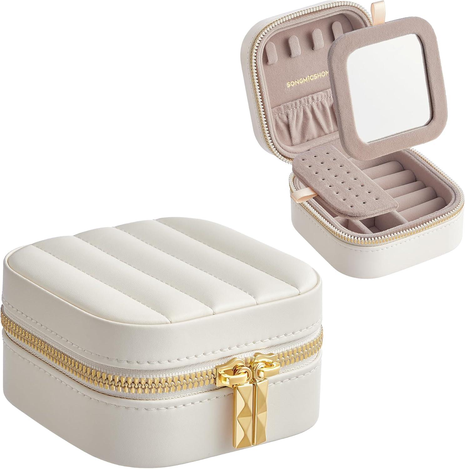 Smykkeskrin til rejse, SONGMICS HOME ANAH – lille smykkeorganizer med spejl, skyhvid, 10,5 × 10,5 × 6 cm