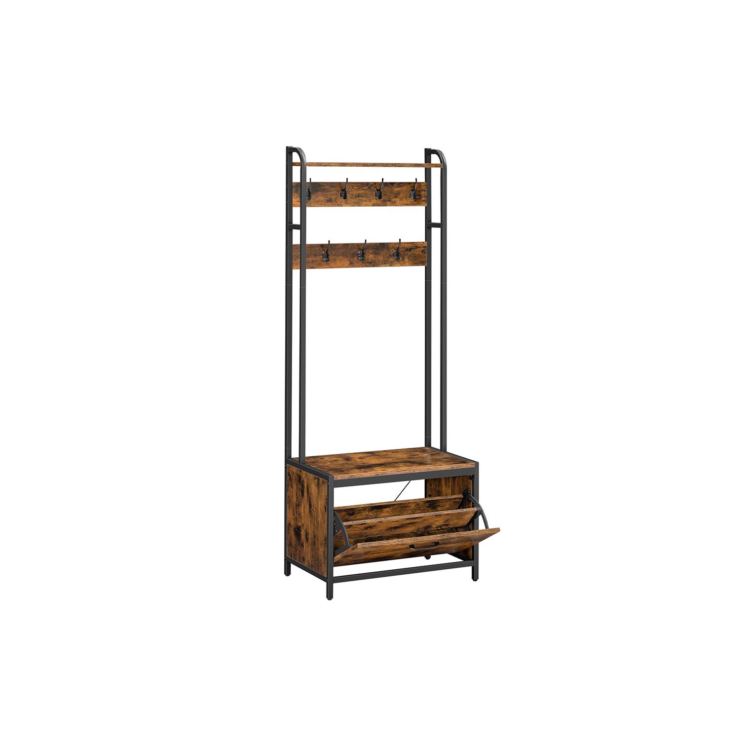 Entrébænk med knager og skohylde – VASAGLE, industrielt design, rustik brun/sort, 65 cm