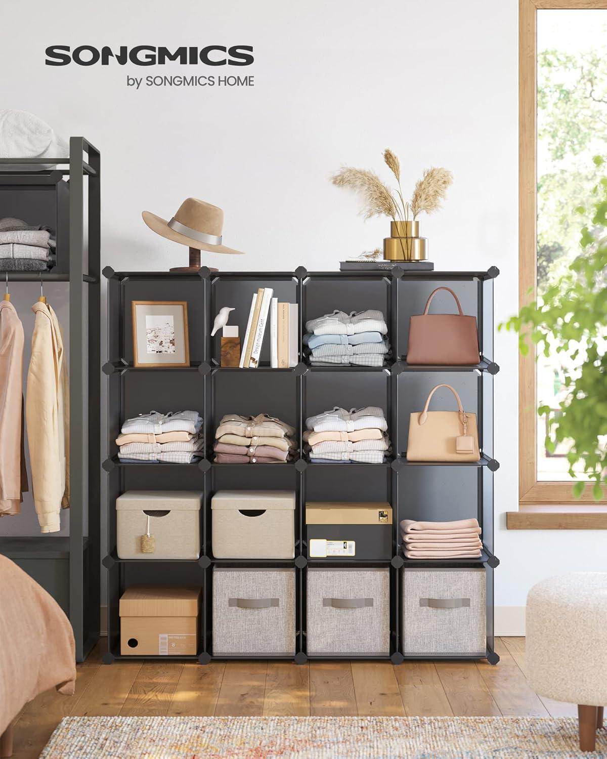 Opbevaringsreol med 15 kuber – SONGMICS, modulært plastskab, garderobedeler/skohylde, grå, 153 × 31 × 153 cm