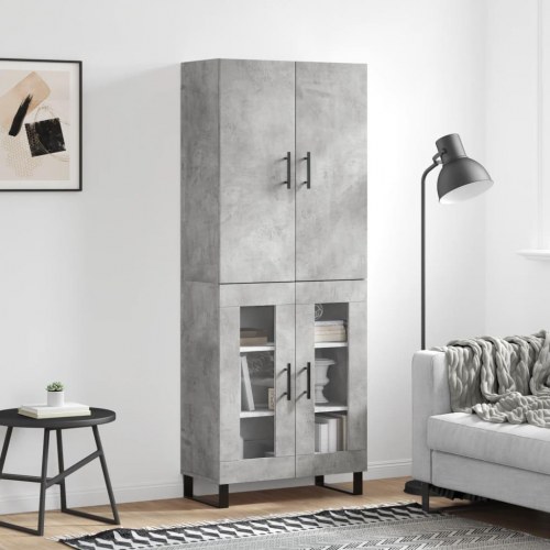 Højskab 69,5×34×180 cm i konstrueret træ - betongrå med glas og metalfødder