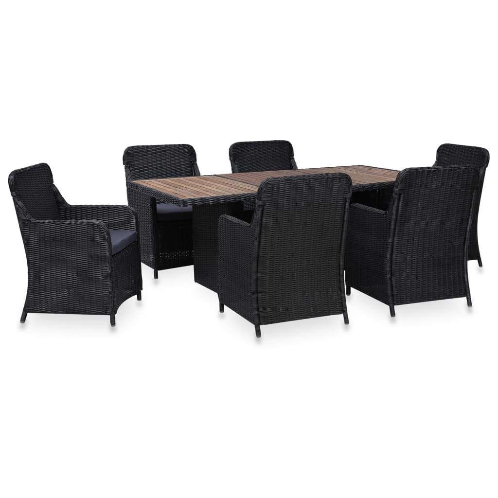 Udendørs spisebordssæt 7 dele polyrattan sort