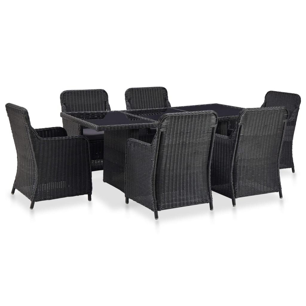 Udendørs spisebordssæt 7 dele polyrattan sort