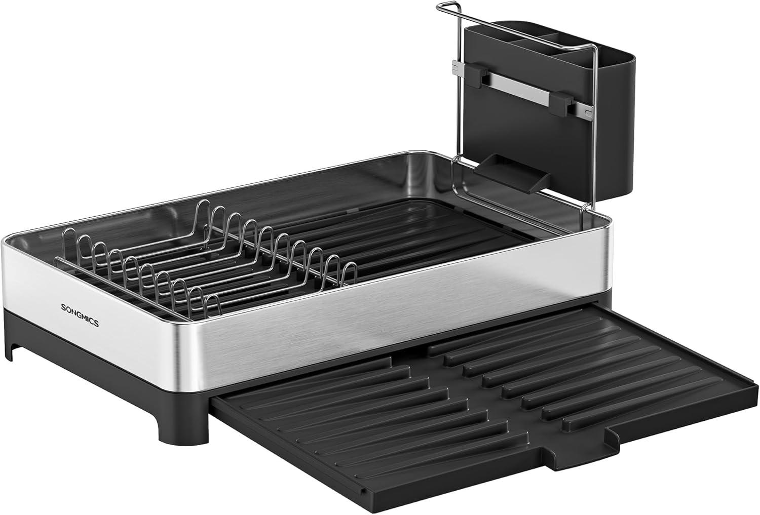 Opvaskestativ – SONGMICS udtrækkeligt stålgitter med bestikholder, sølv/sort