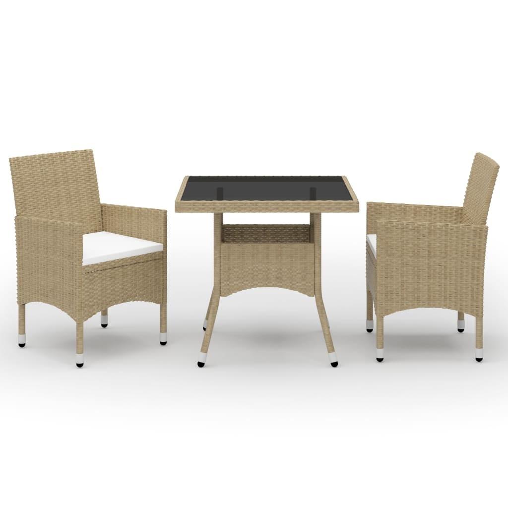 Spisebordssæt til haven 3 dele polyrattan og glas beige