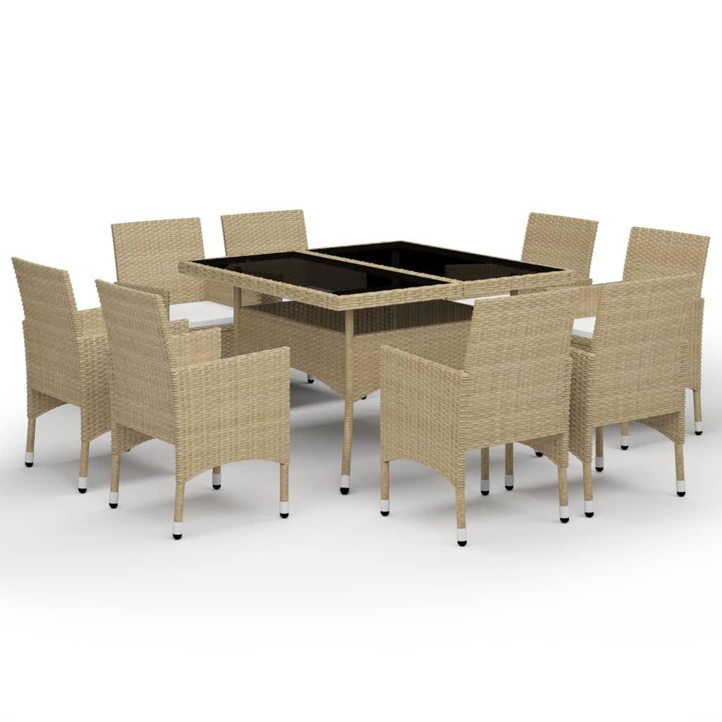 Spisebordssæt til haven 9 dele polyrattan og glas beige
