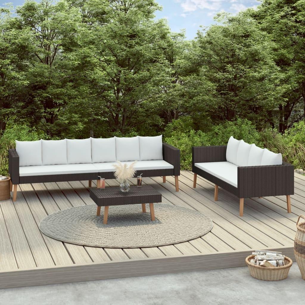 Loungesæt til haven 3 dele med hynder polyrattan sort