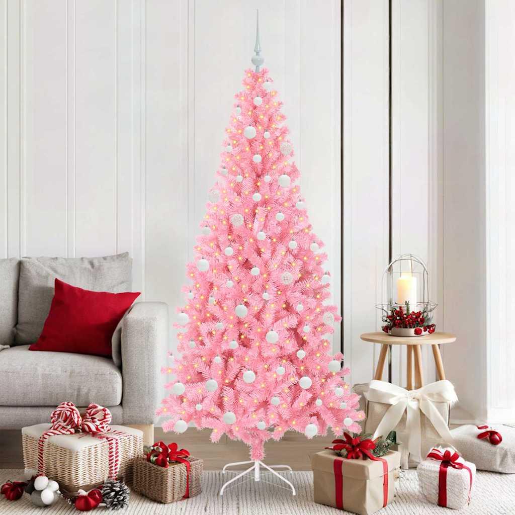 Juletræ med 300 LED - lyserød 180 cm med stativ i PVC billede